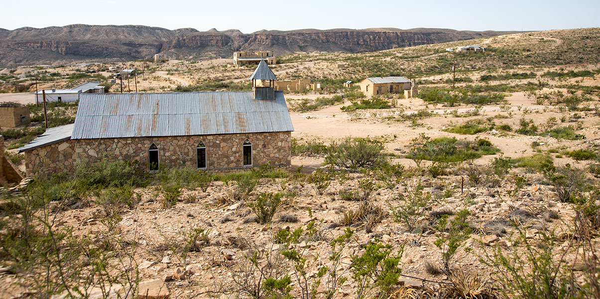 Wide view of St. Agnes Church and Ghost Town.